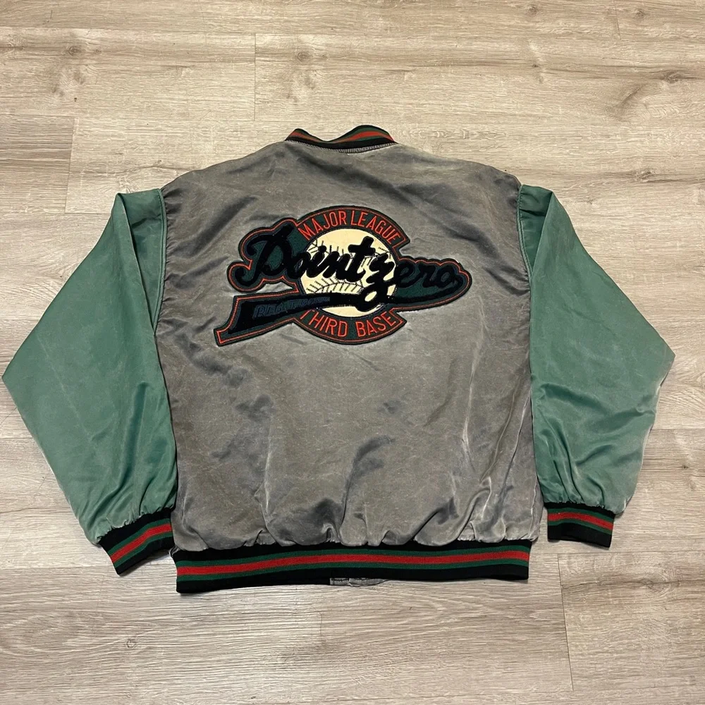 Point Zero Grey Body Green Sleeve Varsity Jacket with Embroidered Back - Picture 1 of 4